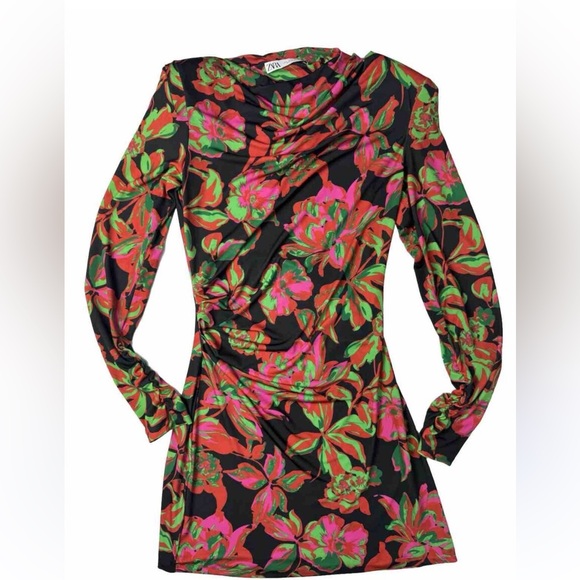 Zara | Dresses | Zara Nwt Shoulder Pad Printed Dress With Draping - Picture 2 of 4